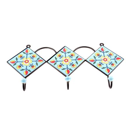 Turquoise And Yellow Tiny Flower Ceramic Tiles Hooks
